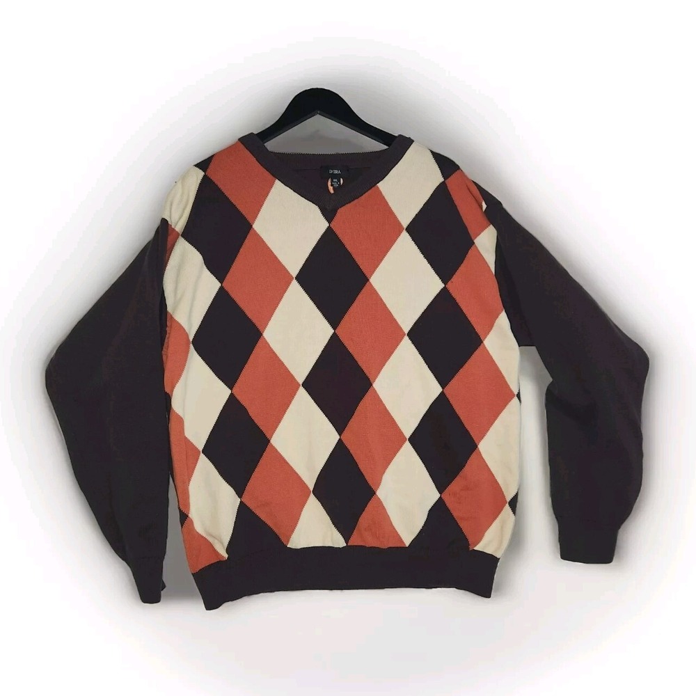 D'Ira Argyle Sweater 100% Cotton Orange Brown Ivory Men's 2XL XXL
